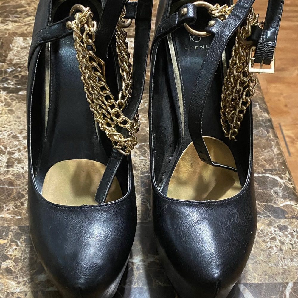 Black leather chained heels